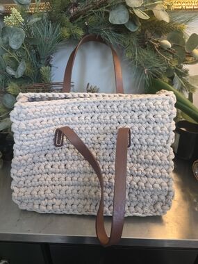 Handwoven Cream Crochet Tote Bag with Brown Leather Straps